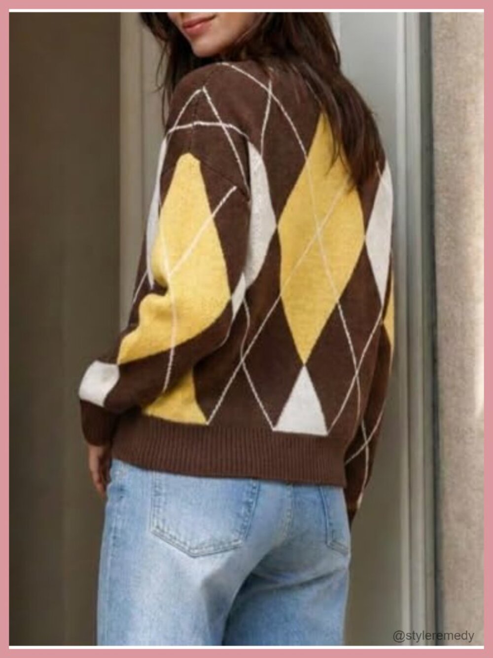 Women's Argyle Knit Pullover Sweater Long Sleeve Crewneck Loose Fit Top - Picture 4 of 6